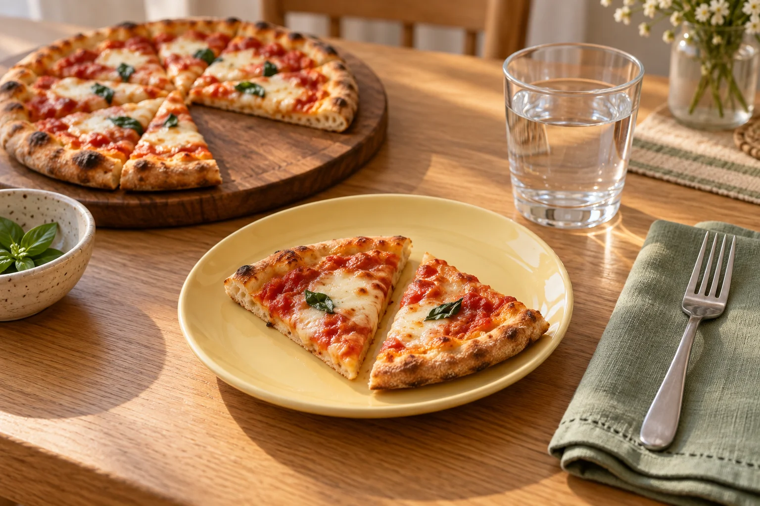 Zwei Pizzastücke auf einem gelben Teller neben einem Wasserglas und weiterer Pizza zum Teilen