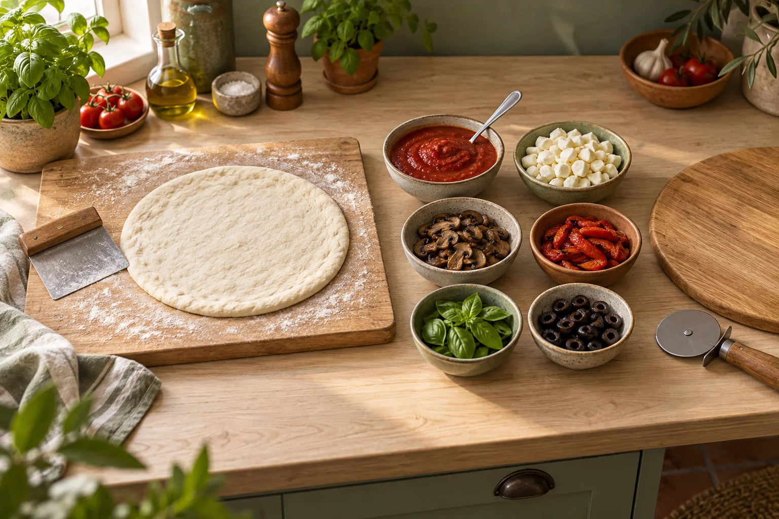 Vorbereiteter Pizzateig auf einem Brett neben kleinen Schalen mit Sauce, Käse und Gemüse