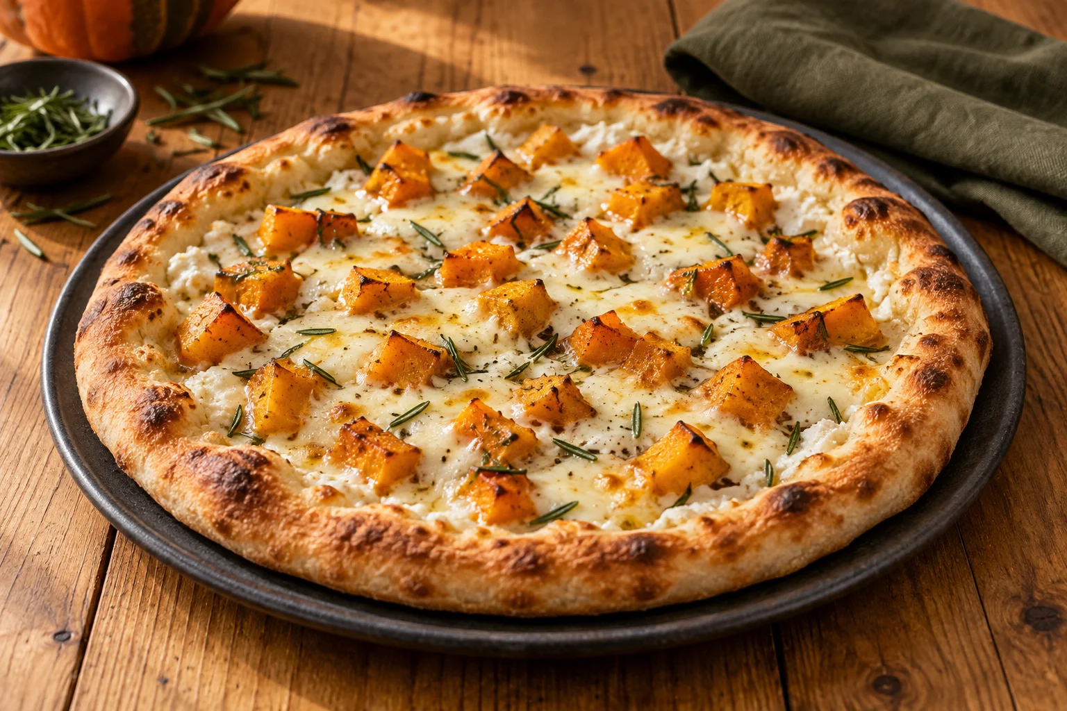 Kürbispizza mit kleinen gebratenen Würfeln, Mozzarella und fein gehacktem Rosmarin