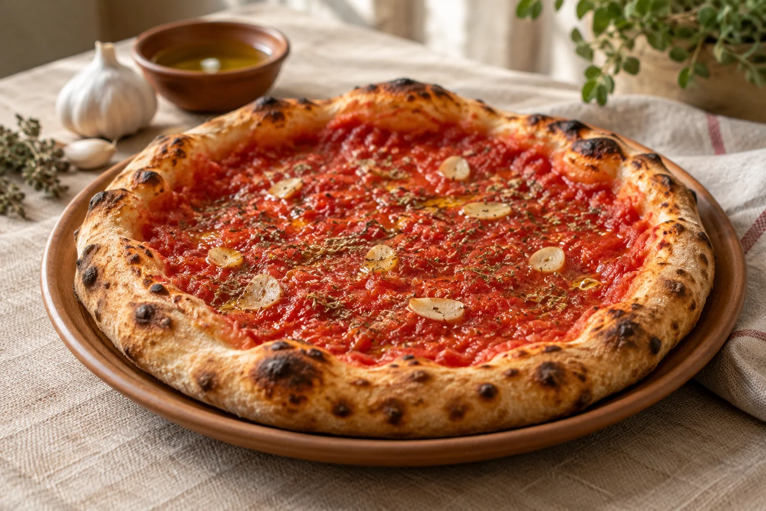 Pizza Marinara mit Tomate, Knoblauchscheiben und Oregano auf einem Tonteller
