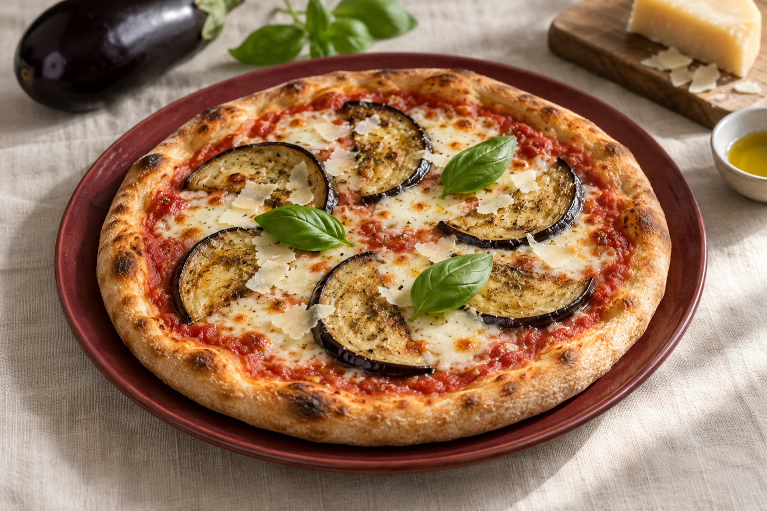 Pizza mit gebratener Aubergine, Tomate, Mozzarella und feinen Parmesanblättern