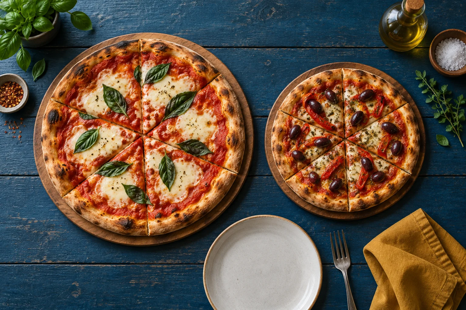 Zwei unterschiedlich große, in Stücke geschnittene Pizzen auf einzelnen Holzbrettern