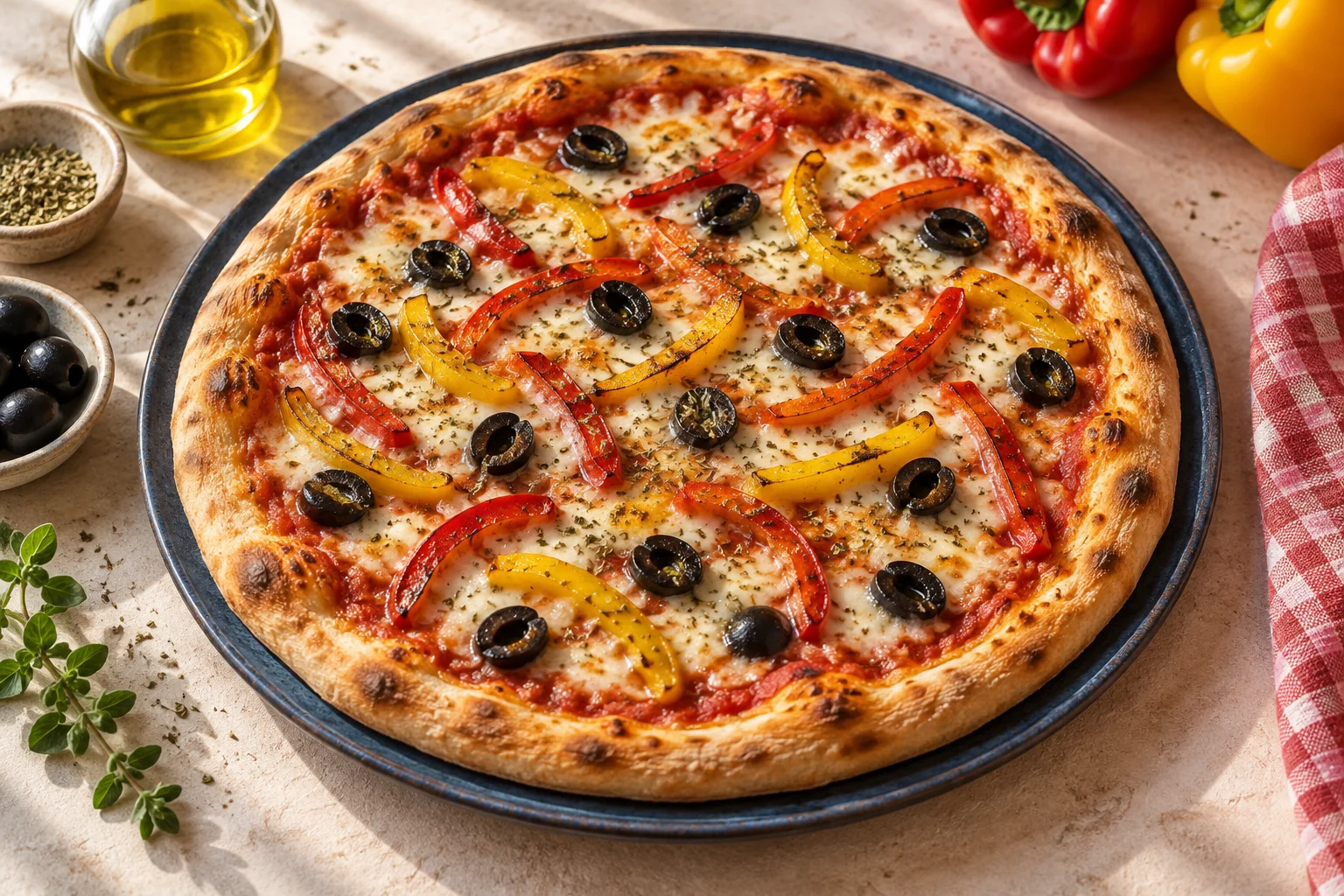 Pizza mit roten und gelben Paprikastreifen, schwarzen Oliven und Mozzarella
