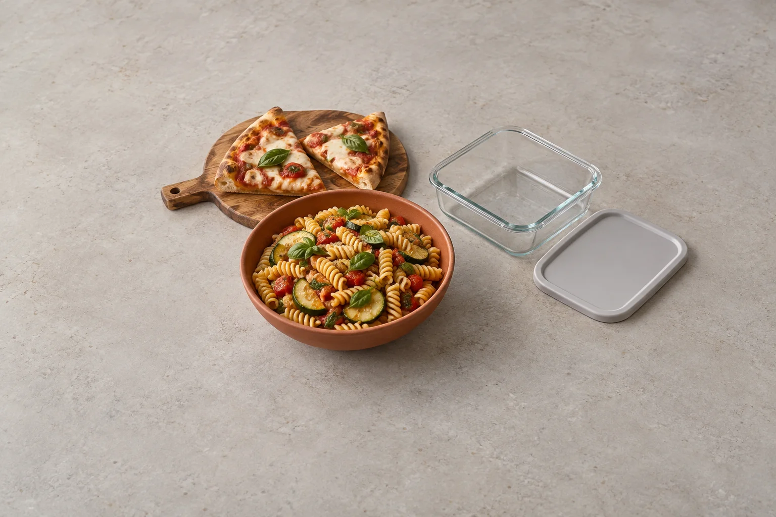 Fusilli mit Gemüse, zwei Pizzastücke und ein leerer Glasbehälter auf einer hellen Tischfläche