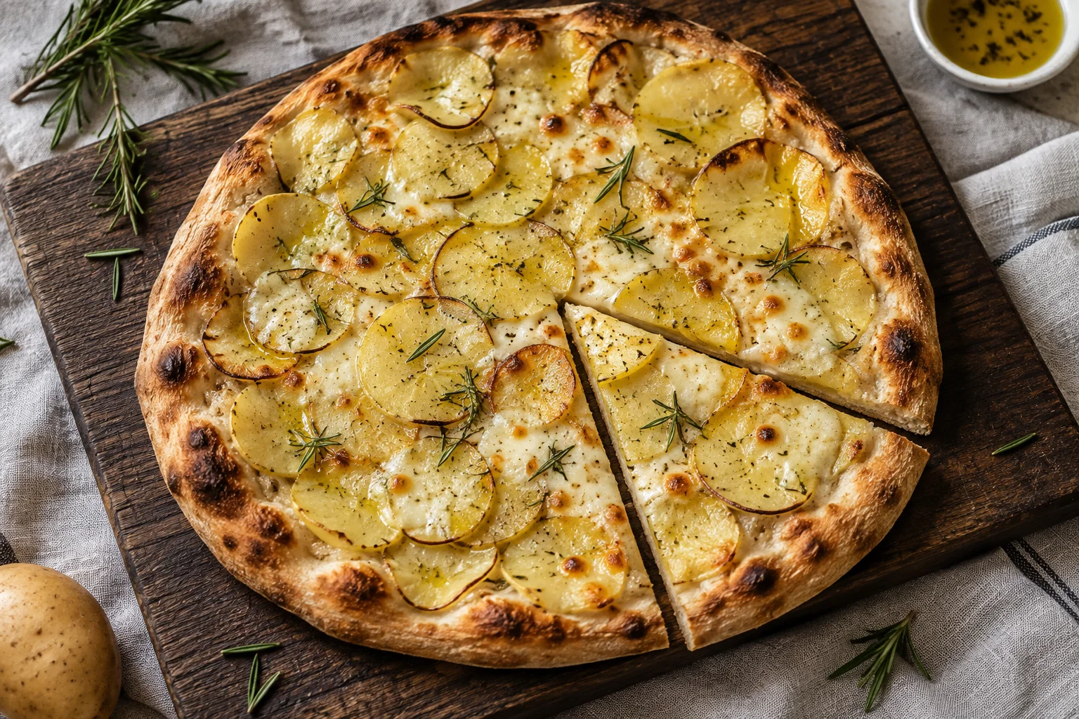 Weiße Pizza mit dünnen Kartoffelscheiben, Mozzarella und Rosmarin
