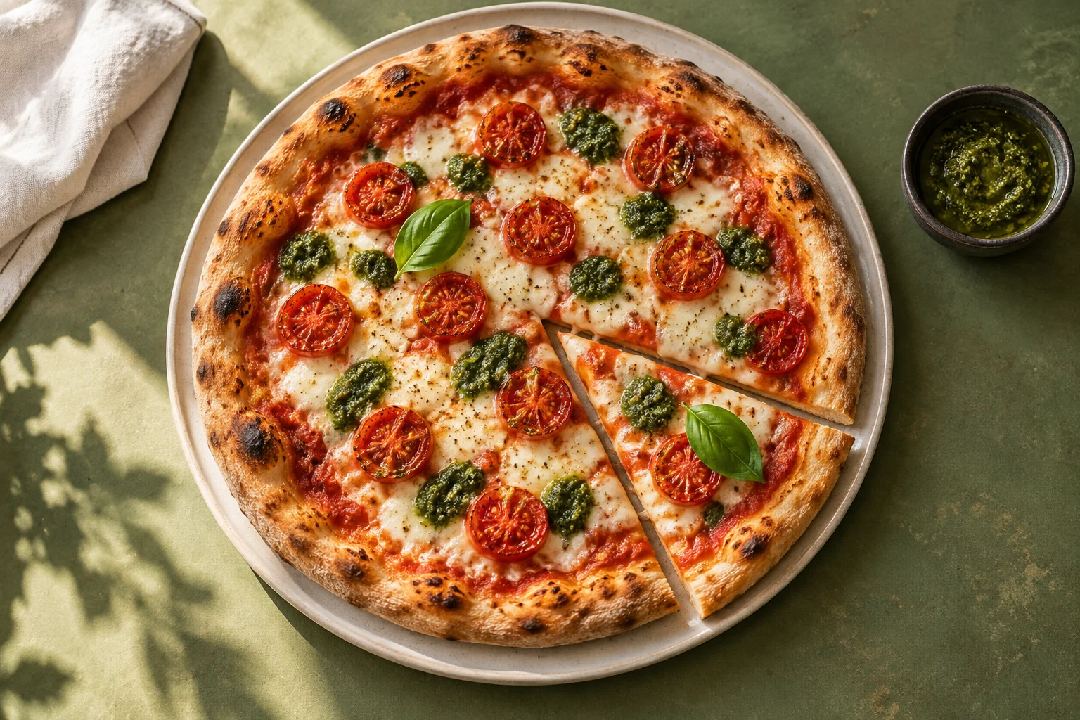 Pizza mit Kirschtomaten, Mozzarella und grünen Basilikumpesto-Tupfen