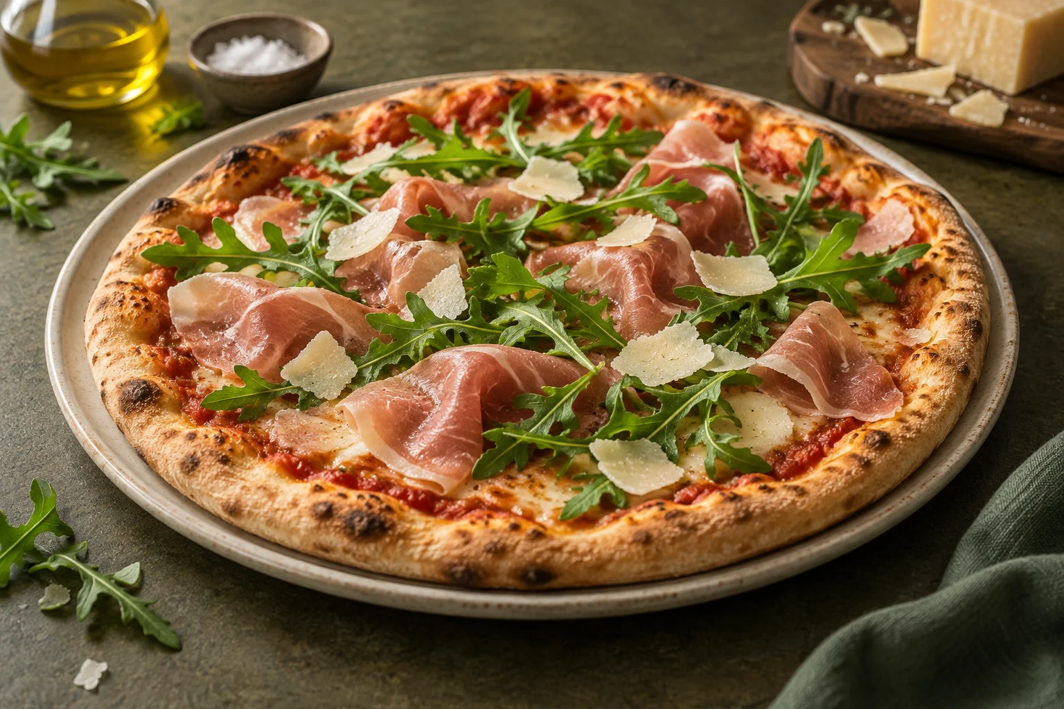 Pizza mit locker aufgelegtem Rohschinken, frischem Rucola und Parmesanspänen