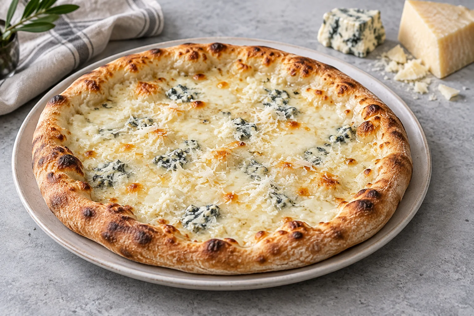 Weiße Pizza mit geschmolzenem Käse, Gorgonzolastücken und geriebenem Parmesan
