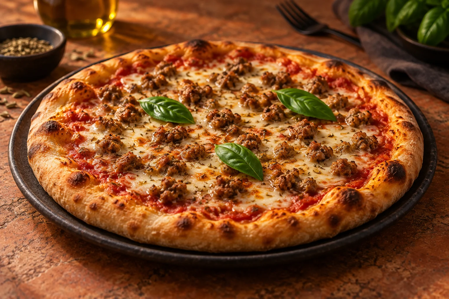 Pizza mit kleinen gebratenen Salsicciastücken, Tomate, Mozzarella und Basilikum