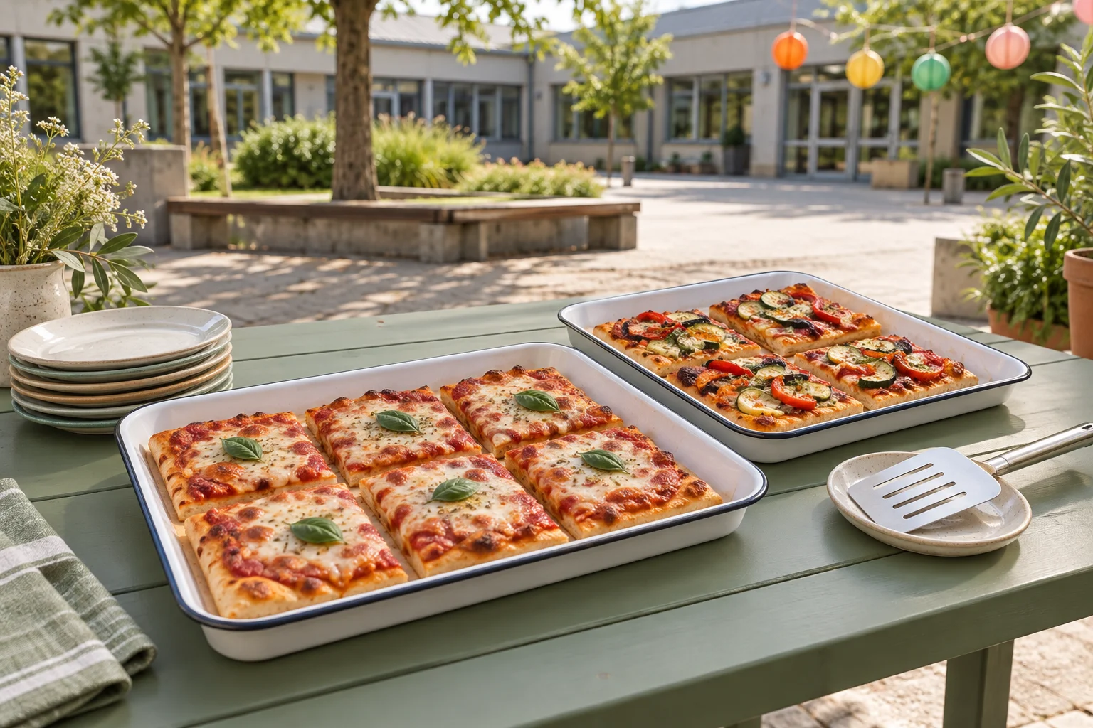Zwei Schalen mit Pizzastücken auf einem grünen Tisch in einem allgemeinen Schulhof