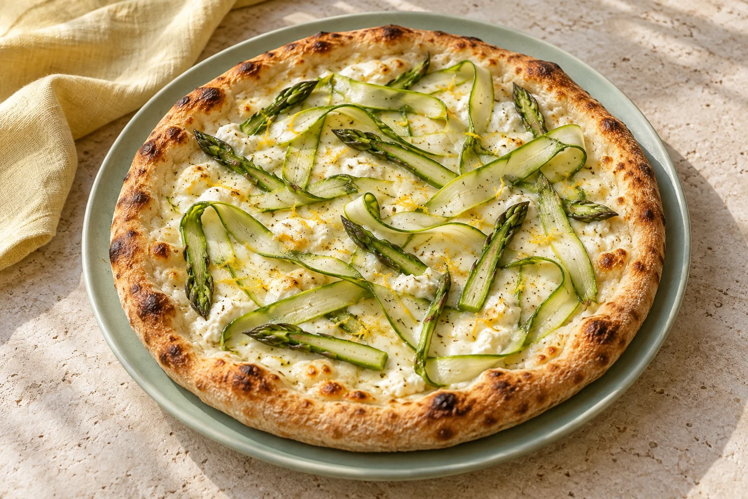 Weiße Pizza mit dünnen grünen Spargelstreifen, Ricotta und Zitronenschale