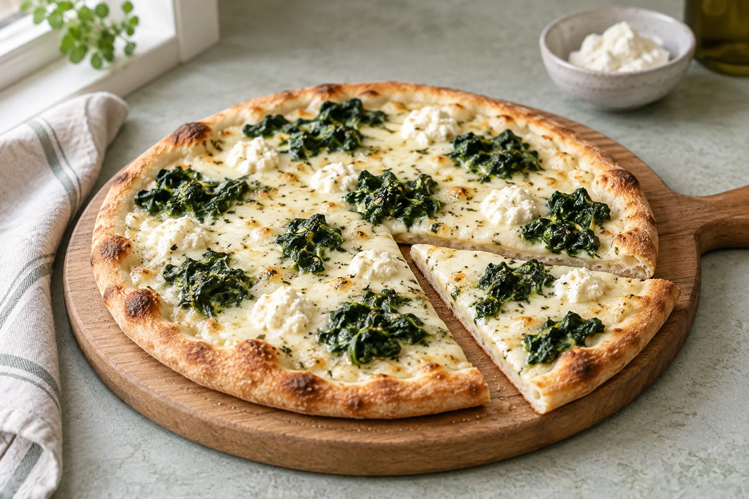 Weiße Pizza mit gegartem Spinat, Ricottaklecksen und geschmolzenem Mozzarella