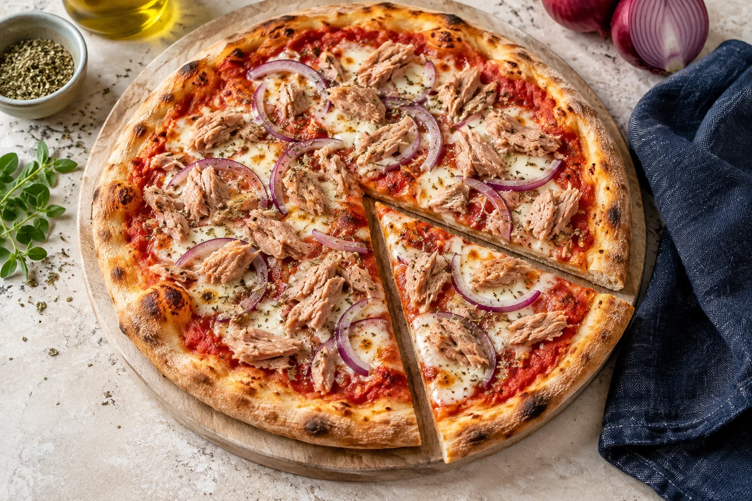 Pizza mit Thunfischstücken, roten Zwiebeln, Tomate und Mozzarella