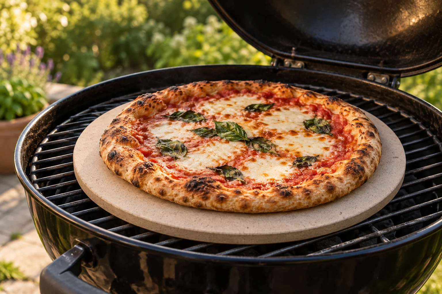 Pizza mit Tomaten, Mozzarella und Basilikum auf einem Pizzastein im geöffneten Kugelgrill.