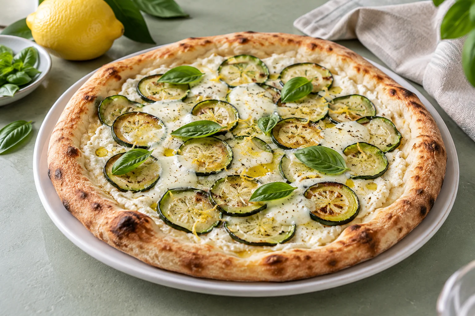 Weiße Pizza mit Zucchinischeiben, Ricotta, Mozzarella und frischem Basilikum