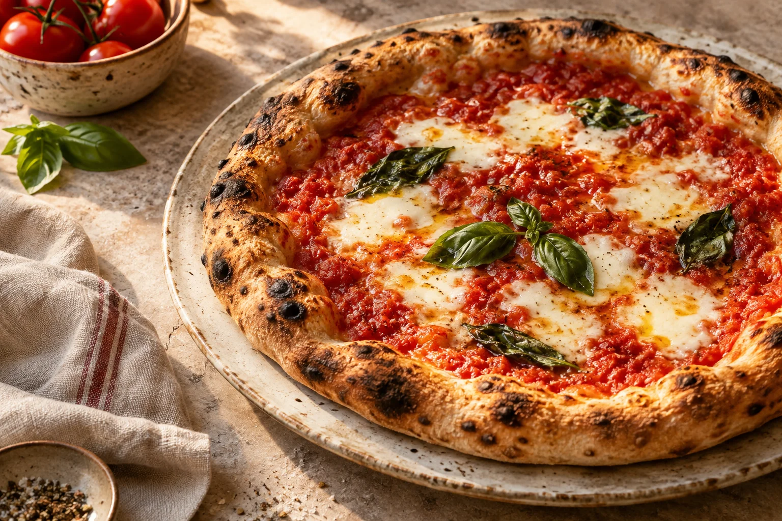 Pizza mit Tomaten, Mozzarella und Basilikum auf einem Keramikteller