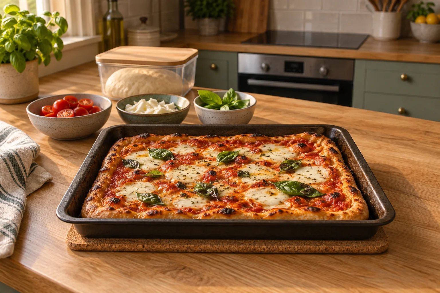 Blechpizza auf einem Korkuntersetzer neben vorbereiteten Zutaten in einer Küche