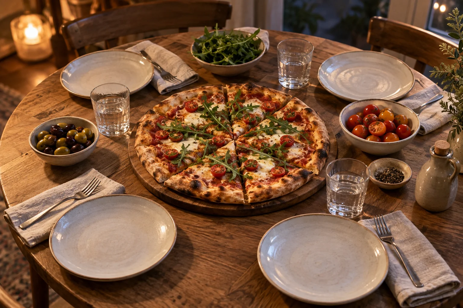 Für vier Personen gedeckter Tisch mit Pizza und kleinen Beilagen