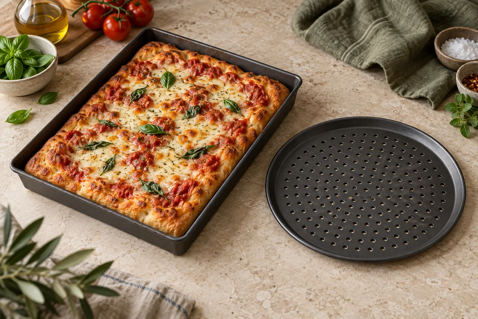 Rechteckige Pizza in einer dunklen Form neben einem runden gelochten Pizzablech