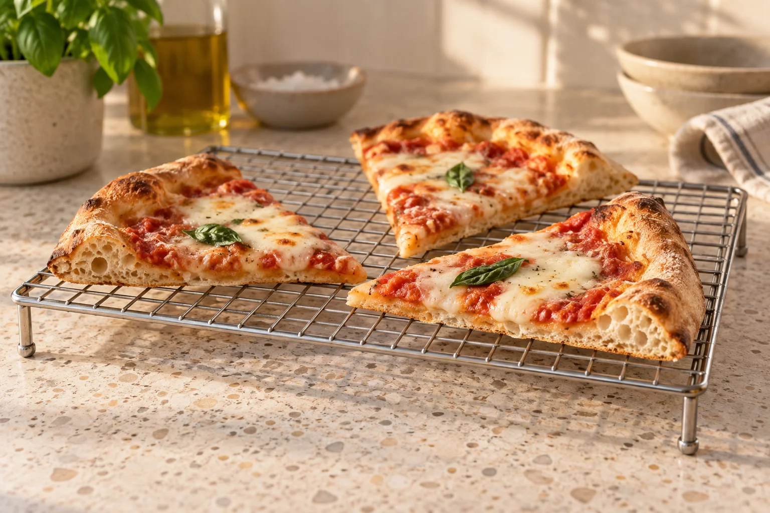 Drei Pizzastücke mit goldbraunem Boden auf einem niedrigen Auskühlgitter