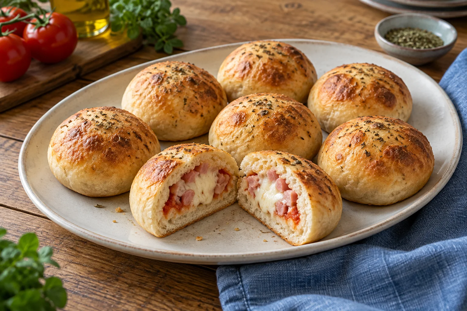 Gefüllte Pizzabrötchen mit angeschnittener Schinken-Käse-Füllung auf einer Platte