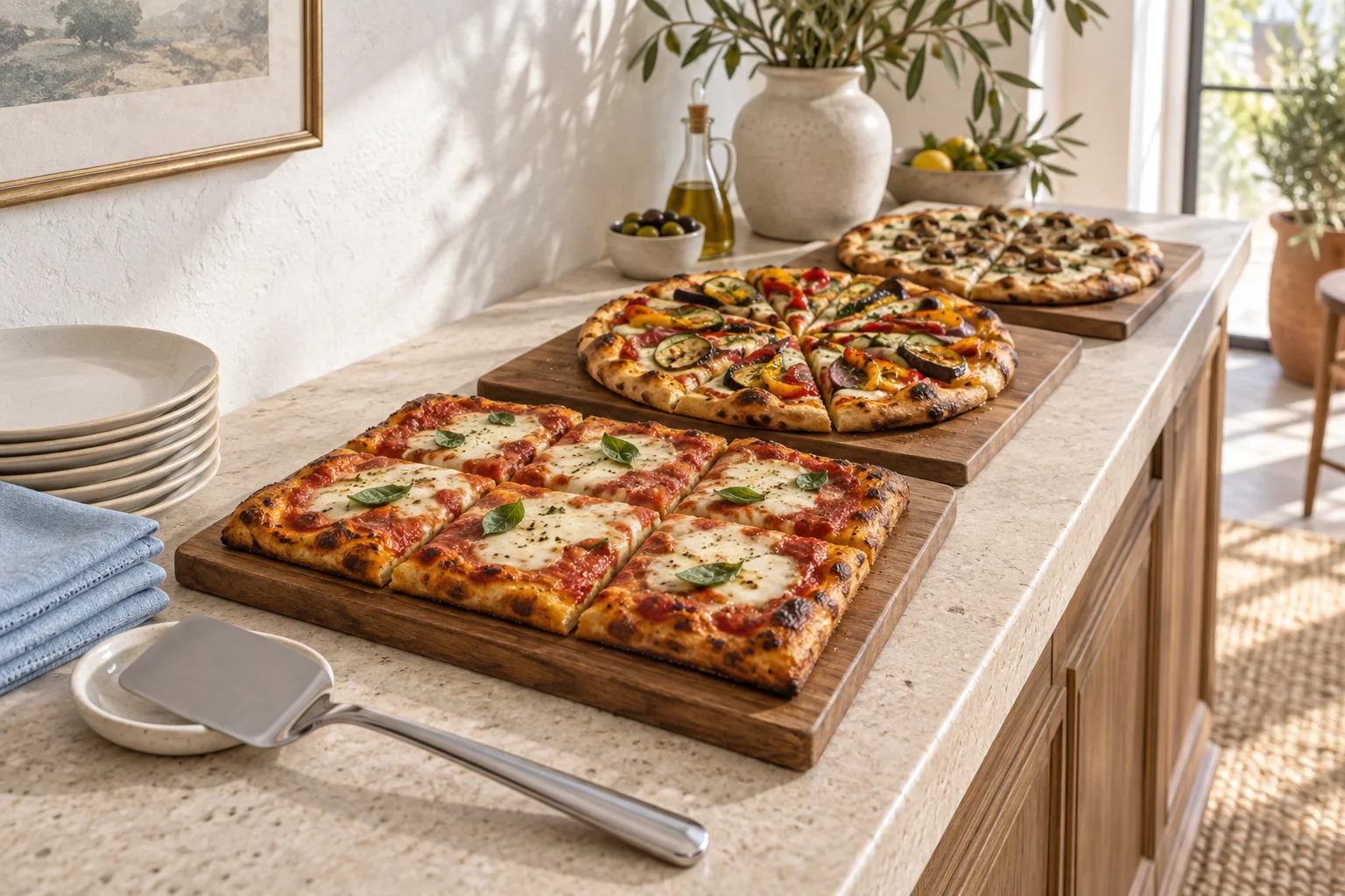Drei verschiedene geschnittene Pizzen auf getrennten Servierbrettern an einem hellen Buffet