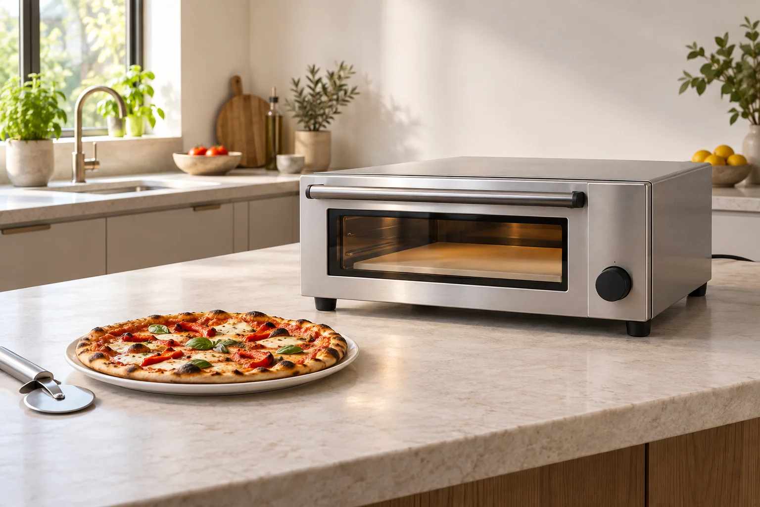 Elektrischer Pizzaofen auf einer freien Kücheninsel neben einer frisch gebackenen Pizza