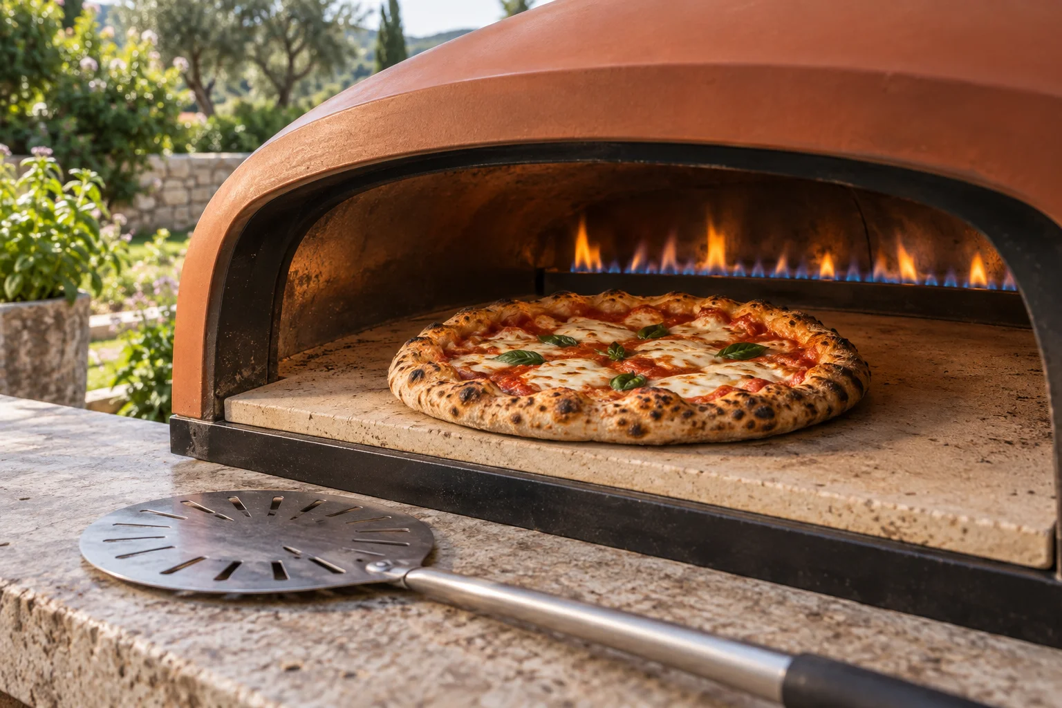 Pizza auf dem Stein vor der hinteren Brennerflamme eines offenen Ofens, davor eine Wendeschaufel