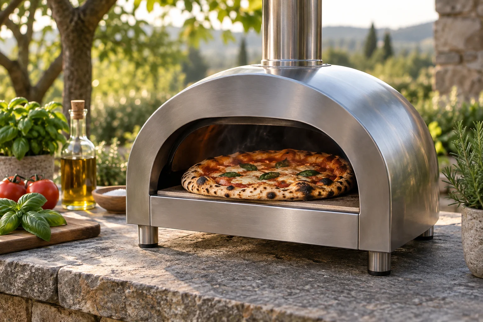 Kompakter Pizzaofen mit Pizza auf einer Arbeitsfläche im Garten