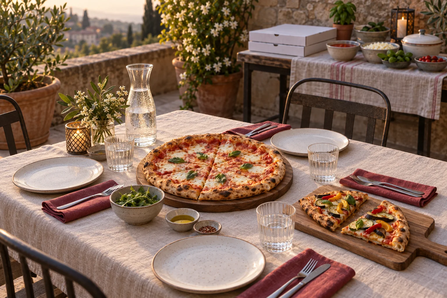 Gedeckter Terrassentisch mit geschnittener Margherita und separaten Gemüsepizzastücken