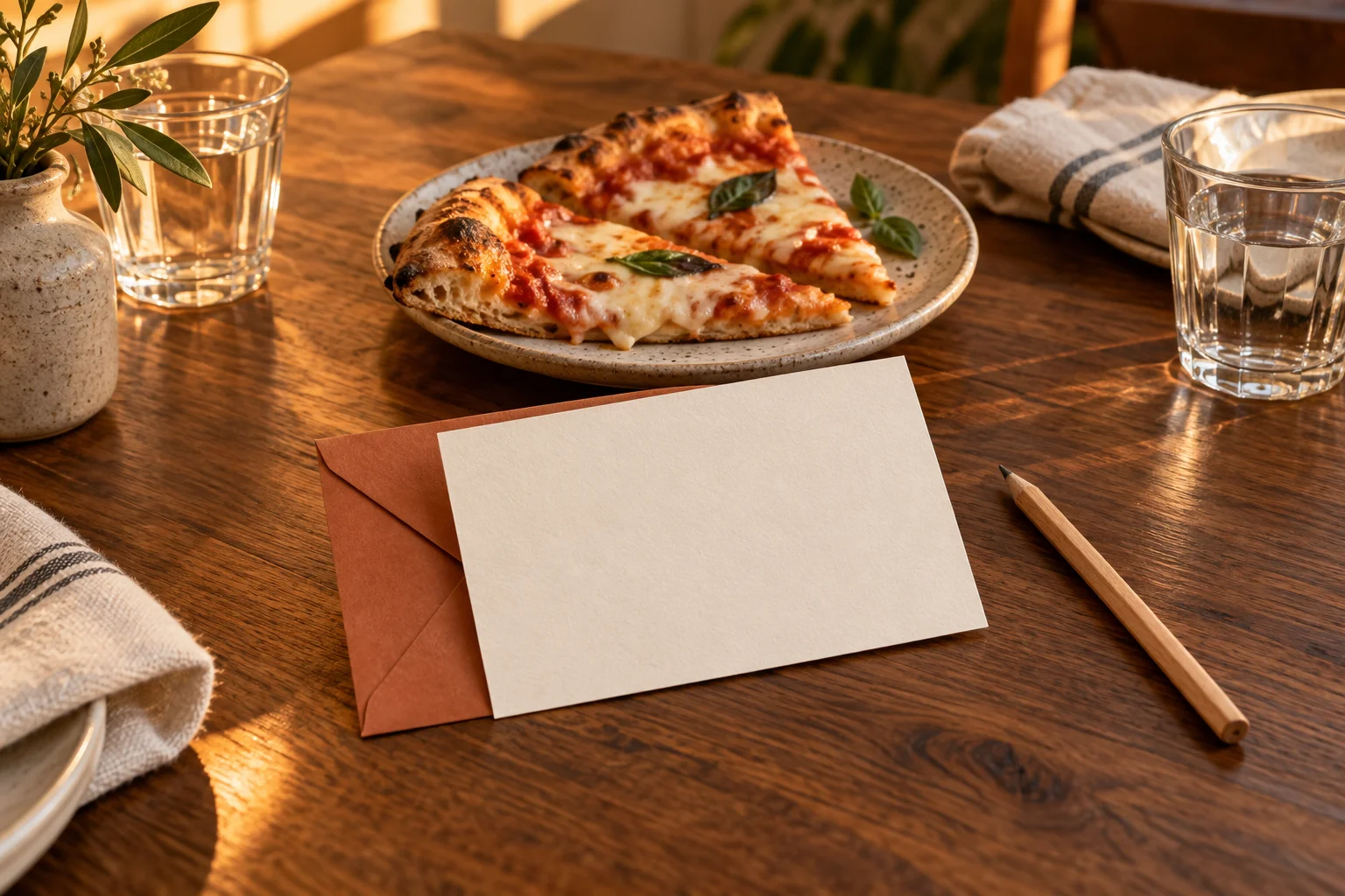 Unbeschriebene Einladungskarte mit Umschlag und Bleistift neben zwei Pizzastücken