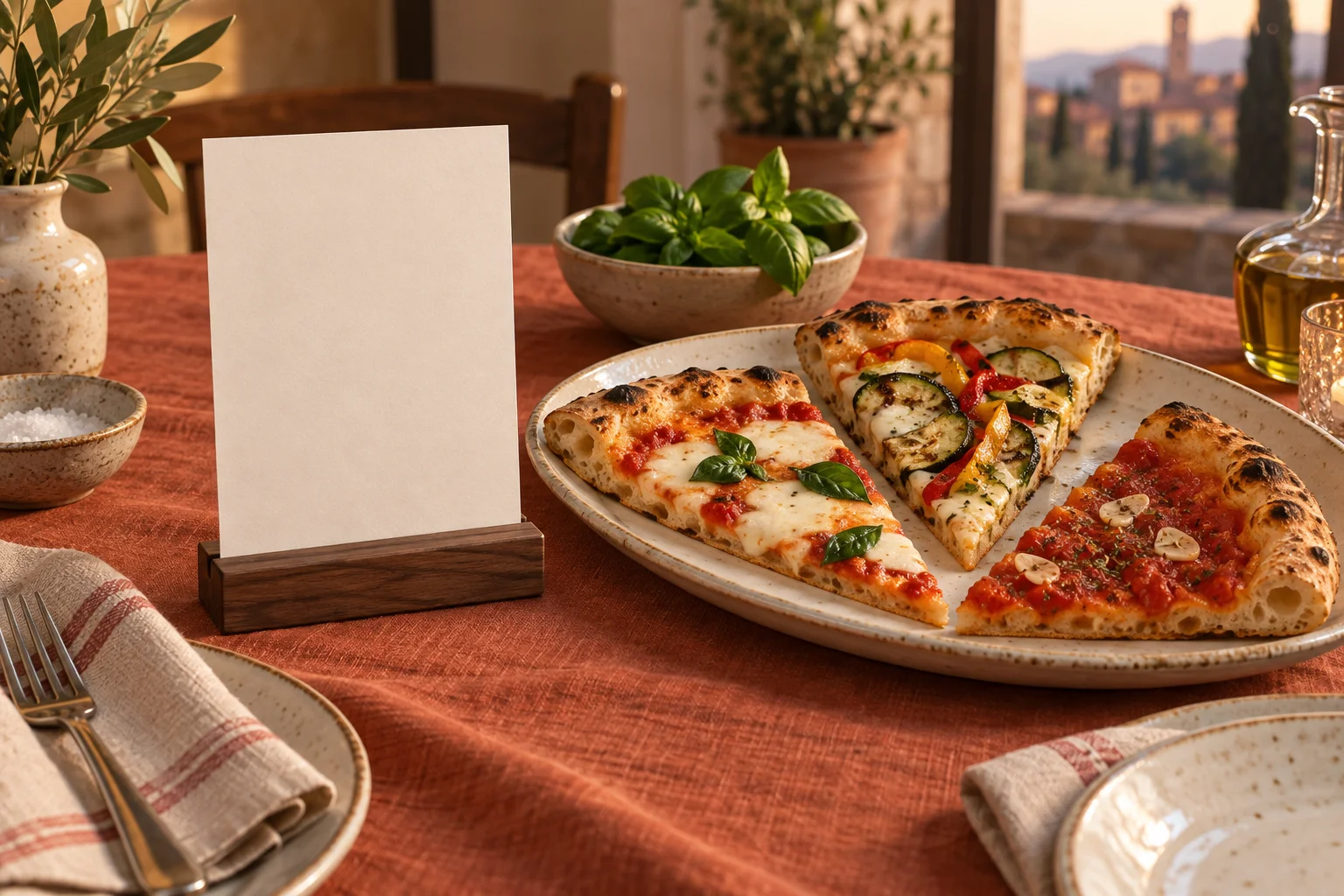 Unbeschriebene Menükarte in einem Holzhalter neben drei unterschiedlich belegten Pizzastücken