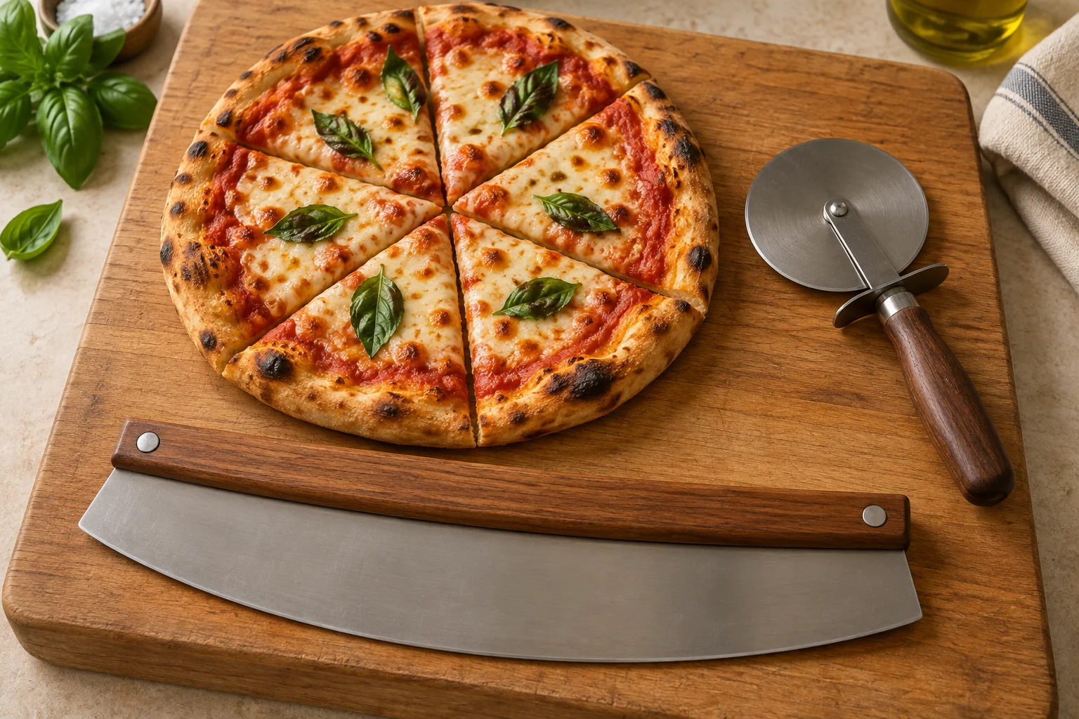 Geschnittene Pizza auf einem Holzbrett neben Pizzaroller und breiter Wiegeklinge