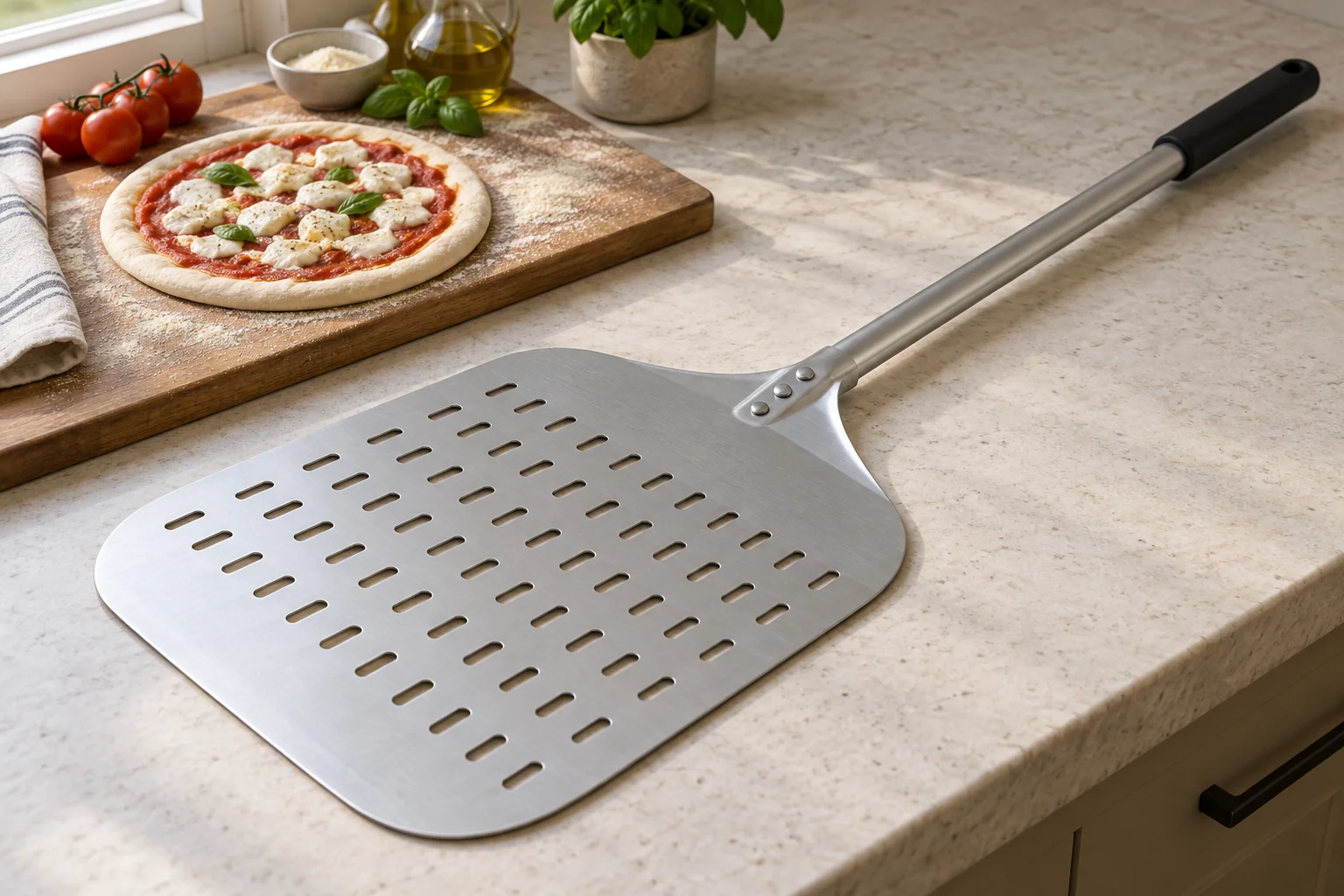 Gelochte Metallschaufel neben einer ungebackenen Pizza auf einer Arbeitsfläche
