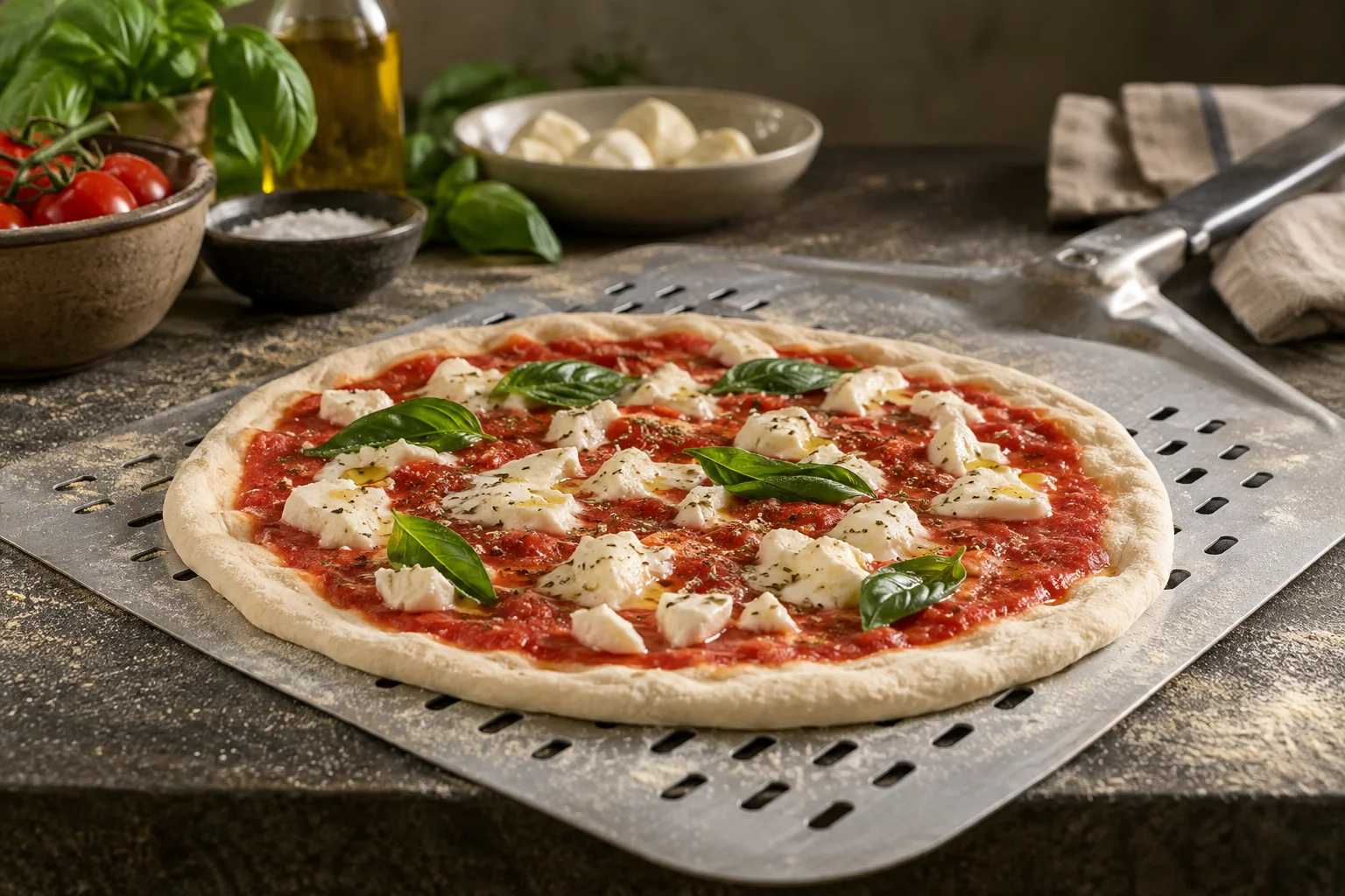Ungebackene Pizza auf einer gelochten Pizzaschaufel