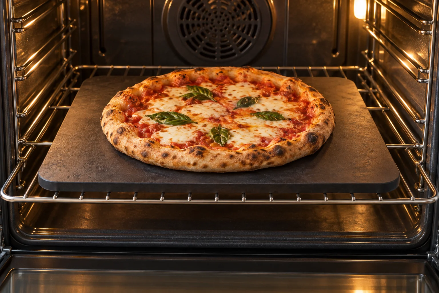 Gebackene Pizza direkt auf einer dunklen flachen Stahlplatte im Haushaltsbackofen