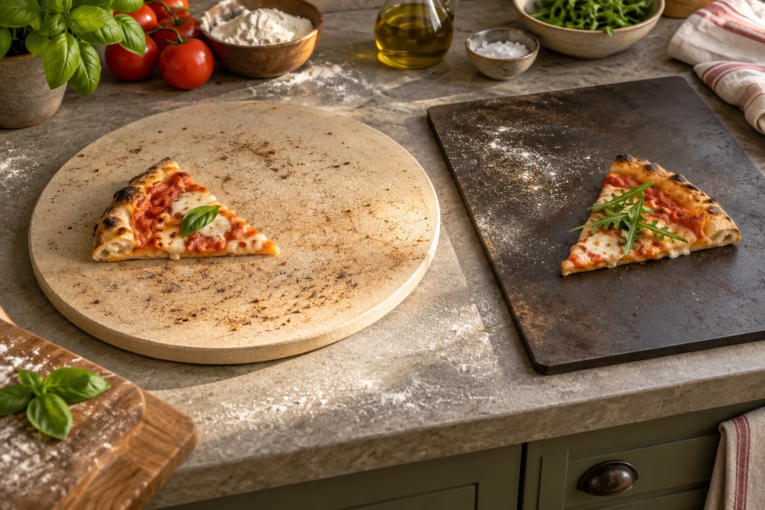 Heller runder Pizzastein und dunkler rechteckiger Pizzastahl mit Pizzastücken