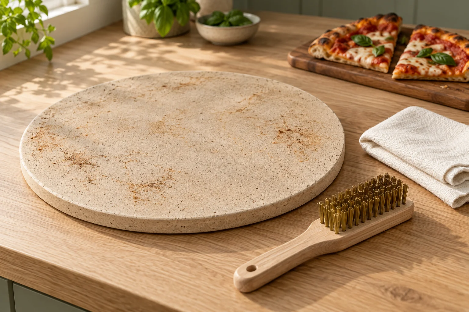Runder heller Pizzastein mit flachen Gebrauchsspuren neben einer Bürste und einem trockenen Tuch