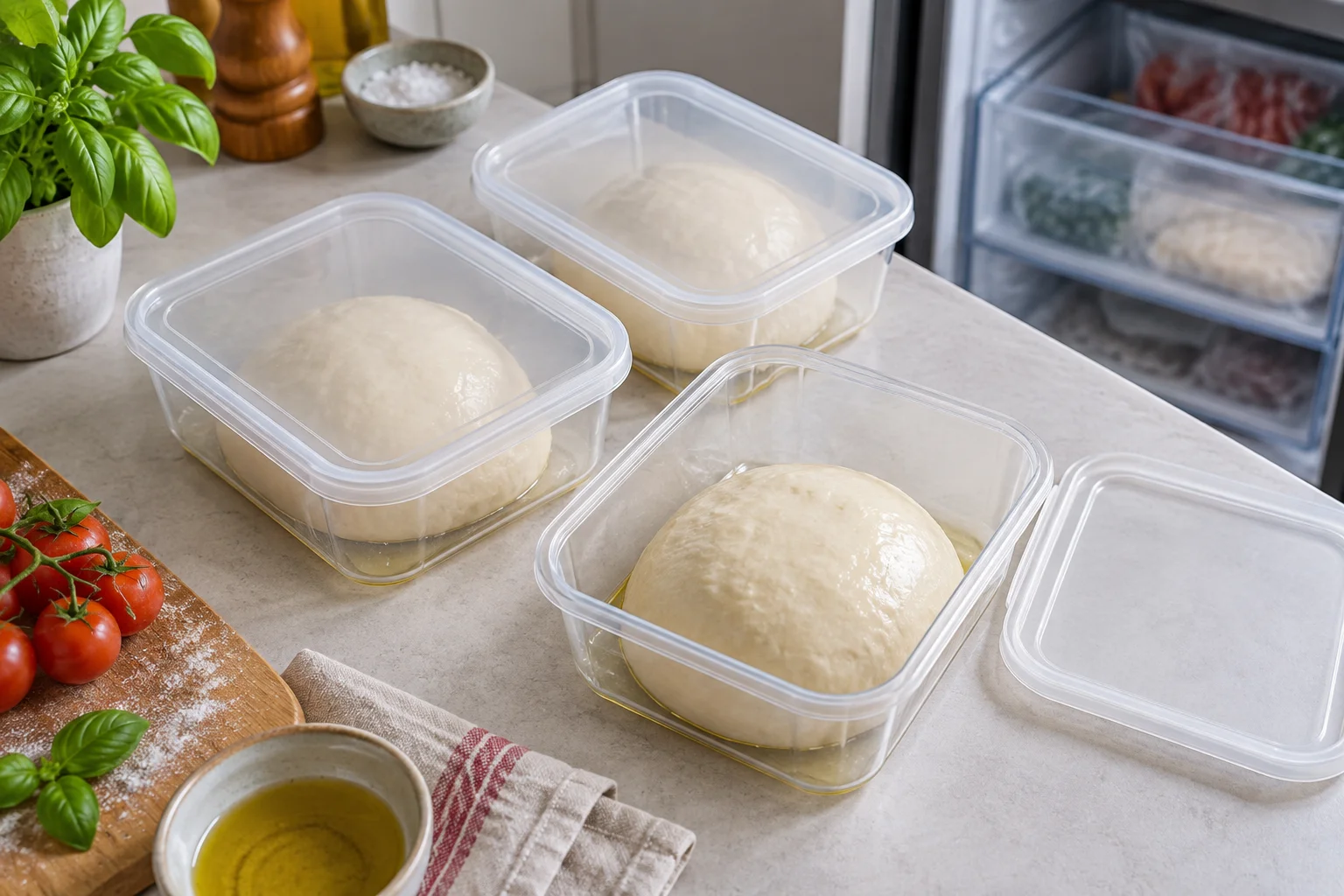 Einzelne Pizzateiglinge in Vorratsdosen neben einem Gefrierfach
