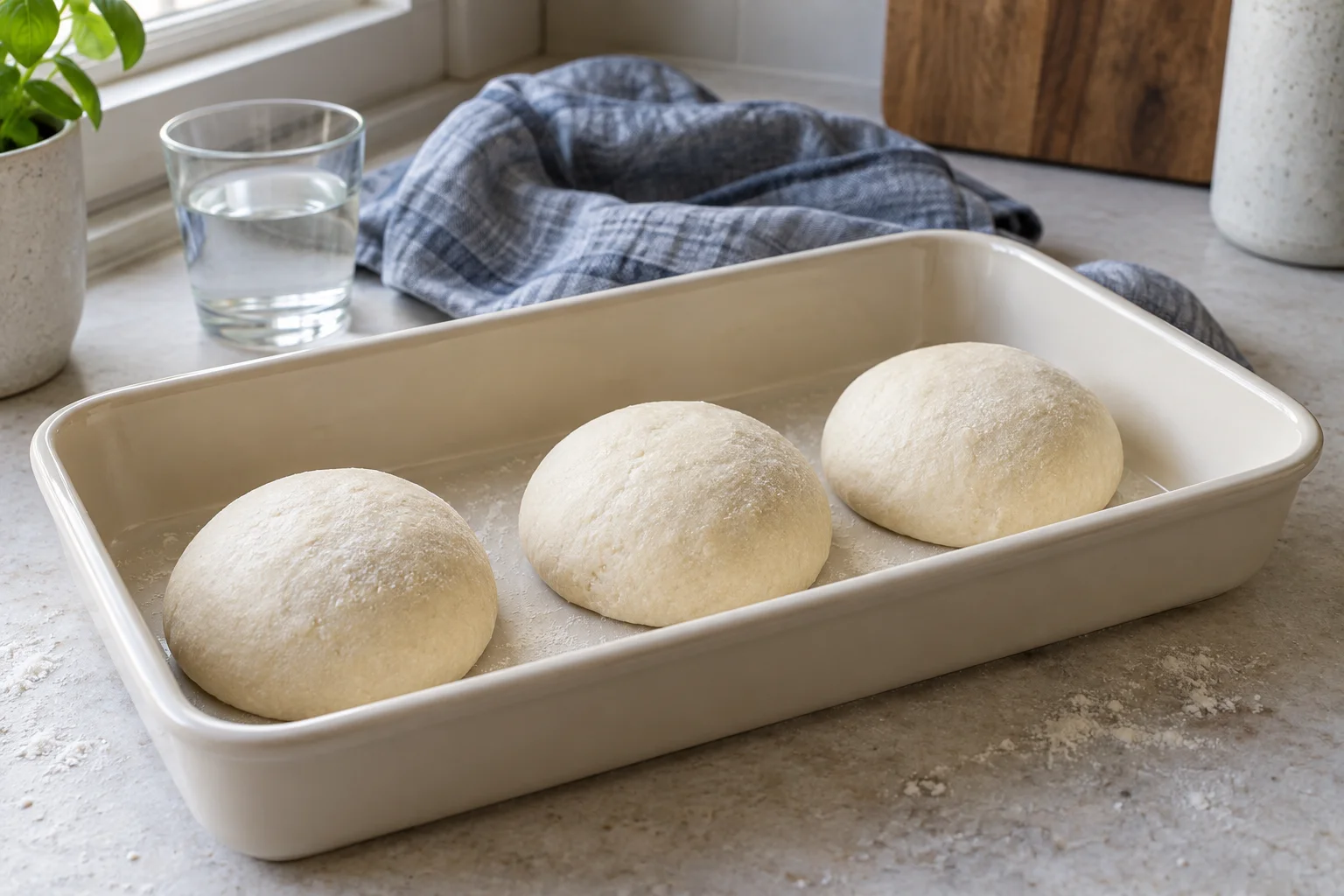 Drei glatte Pizzateigkugeln mit Abstand in einer flachen Gärbox