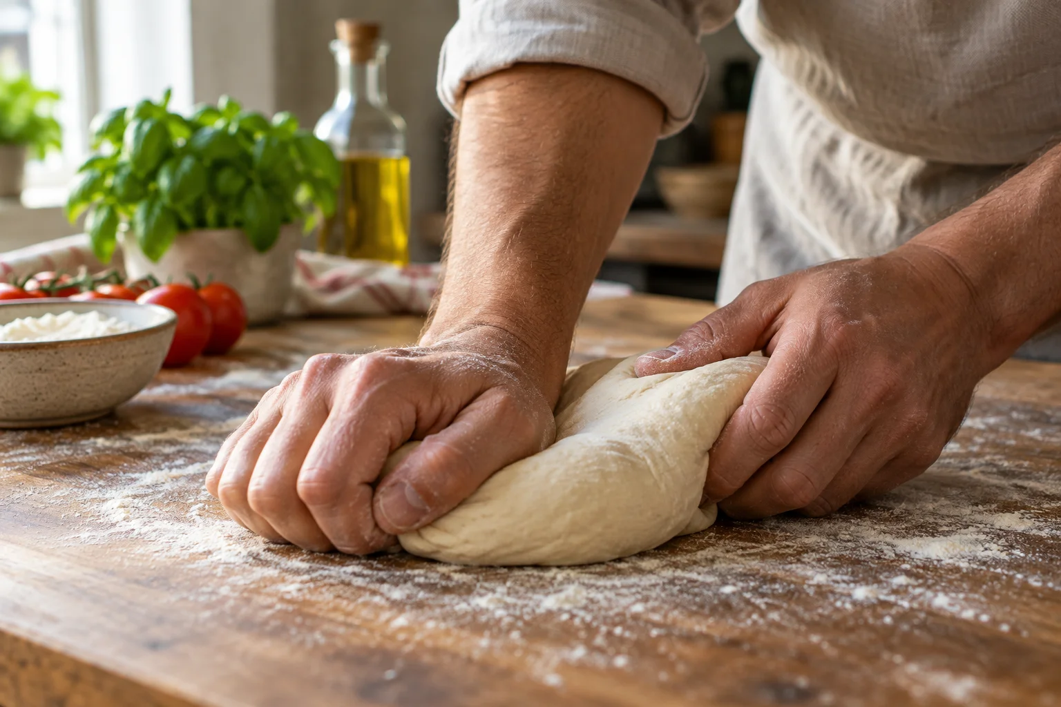 Zwei Hände kneten einen Pizzateig auf einer bemehlten Holzfläche