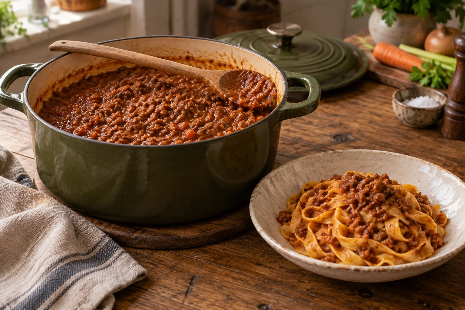 Ragù Bolognese im grünen Schmortopf neben Tagliatelle mit Fleischsauce