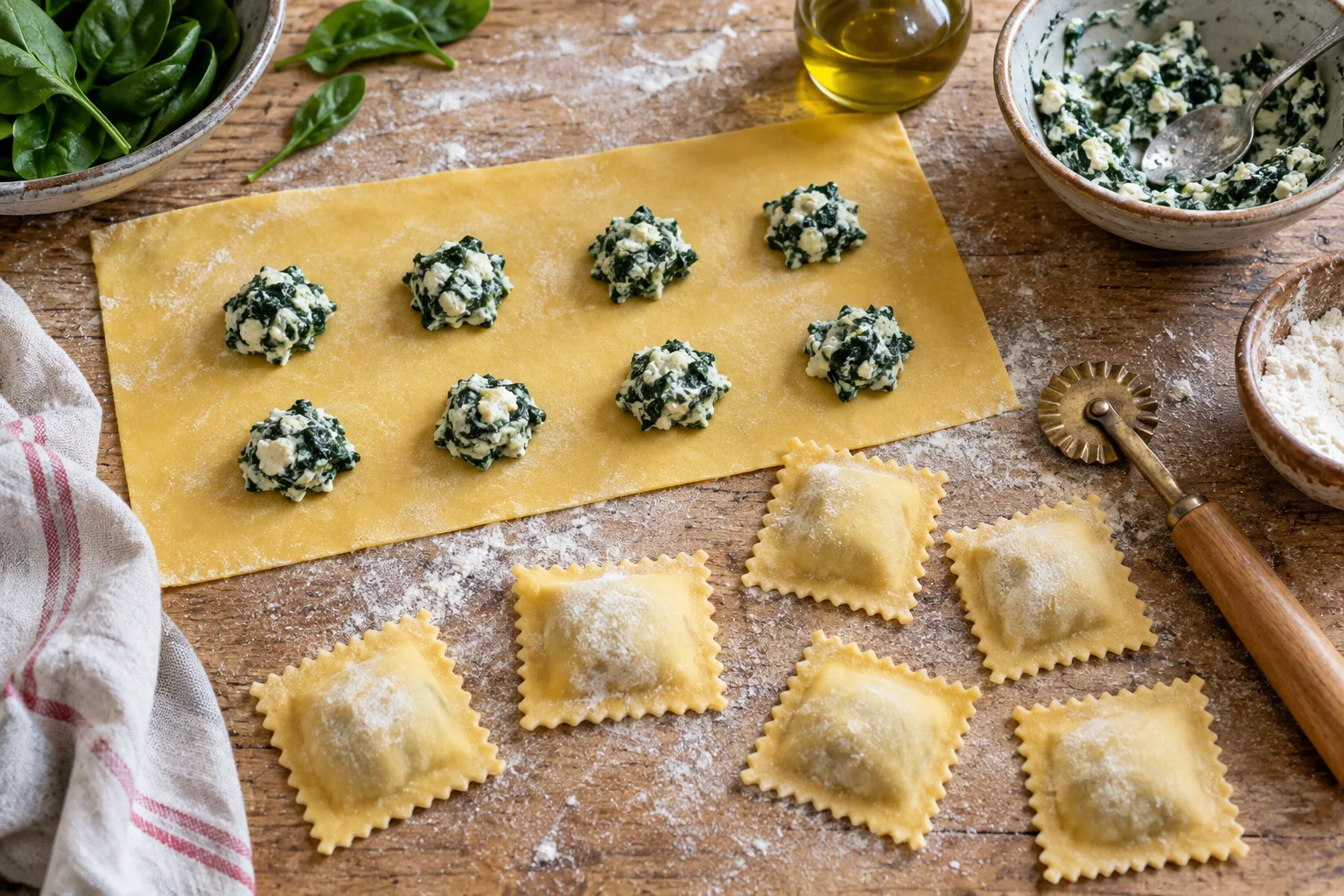Pastateig mit Füllung, fertig verschlossene Ravioli und ein Teigrädchen
