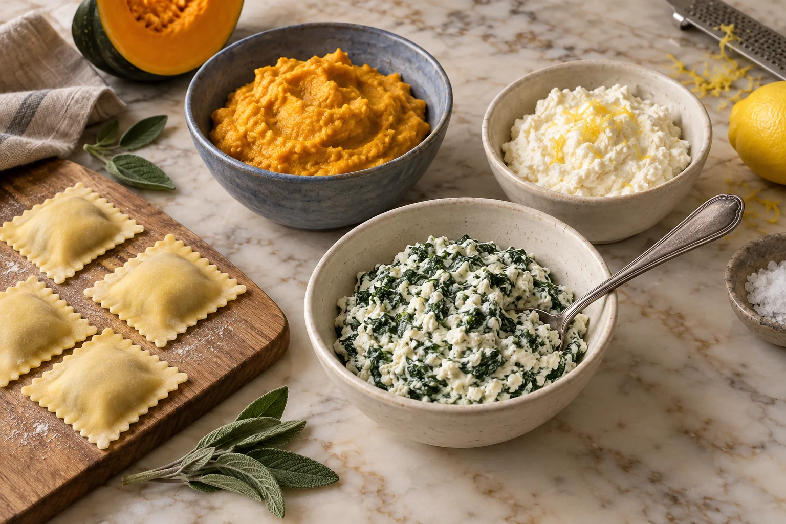Raviolifüllungen mit Spinat, Kürbis und Zitronen-Ricotta in drei Schalen