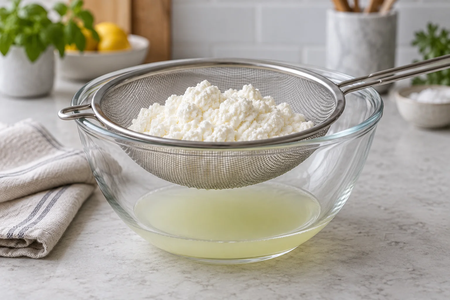 Ricotta in einem feinmaschigen Sieb über einer Schüssel mit etwas abgetropfter Flüssigkeit