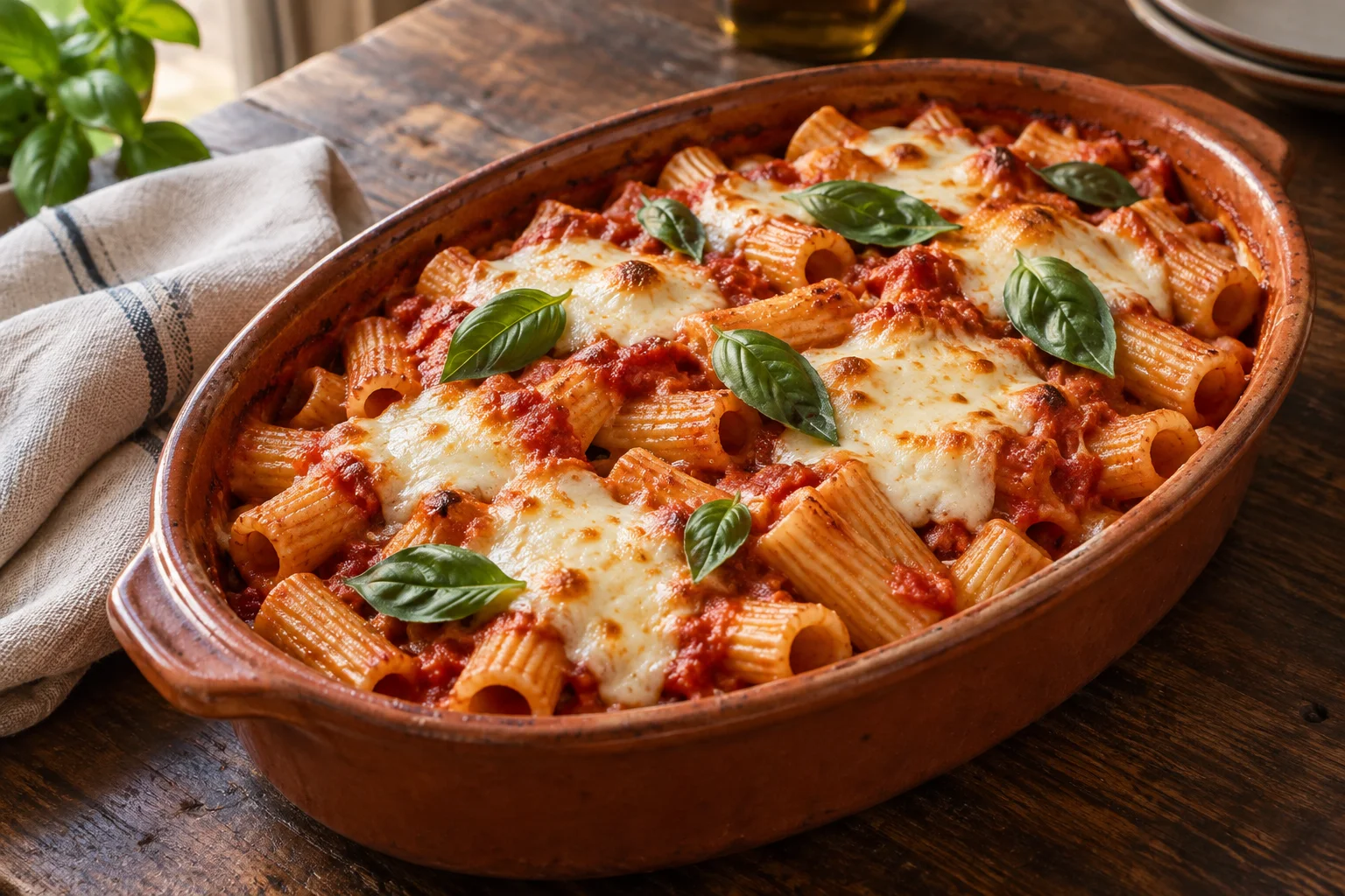 Überbackene Rigatoni mit Tomatensauce, Mozzarella und Basilikum in einer Terrakottaform