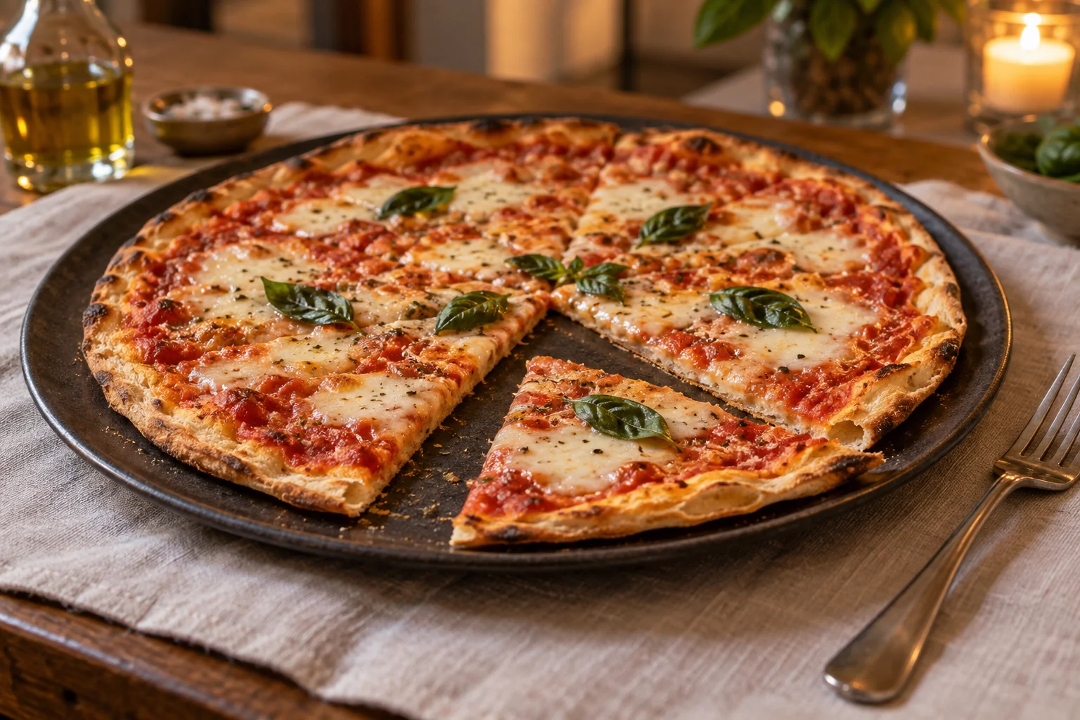 Dünne römische Pizza mit flachem knusprigem Rand und einem vorgezogenen Stück
