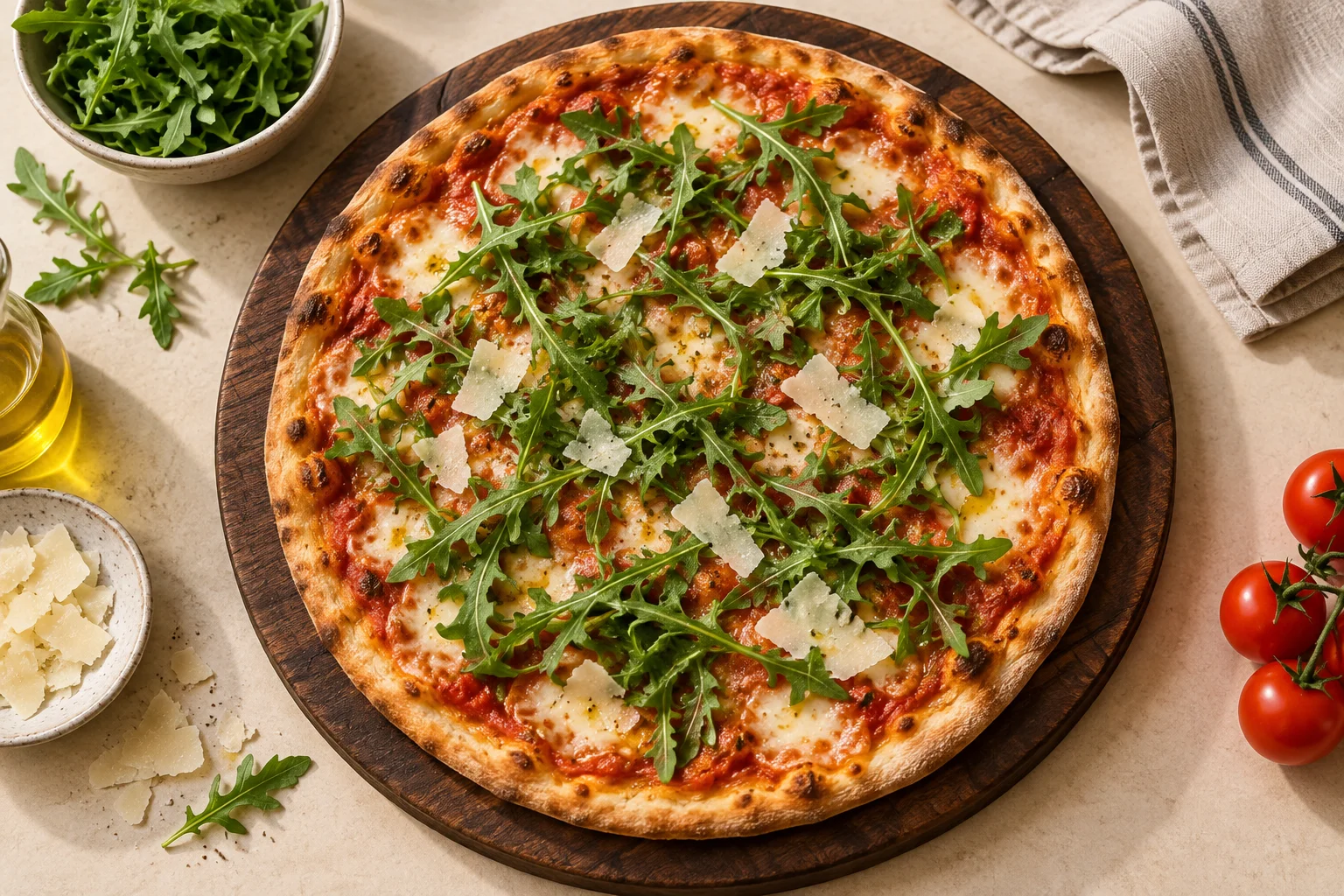 Pizza mit locker verteiltem frischem Rucola und wenigen Hartkäsespänen