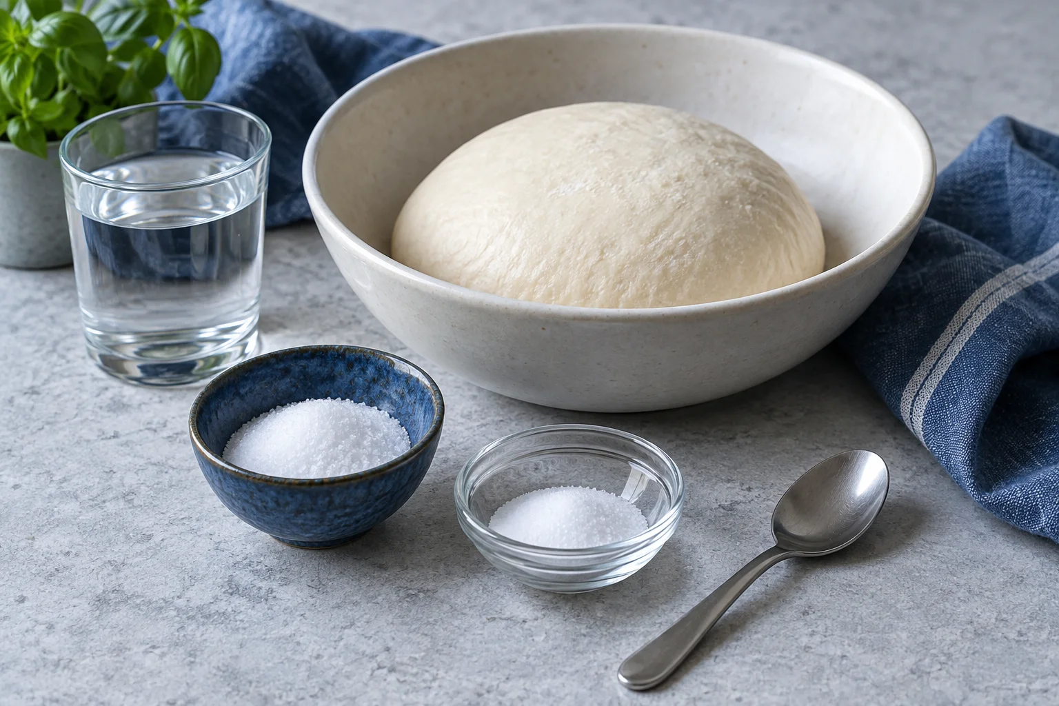 Feines Salz in zwei kleinen Schalen neben Pizzateig und Wasser