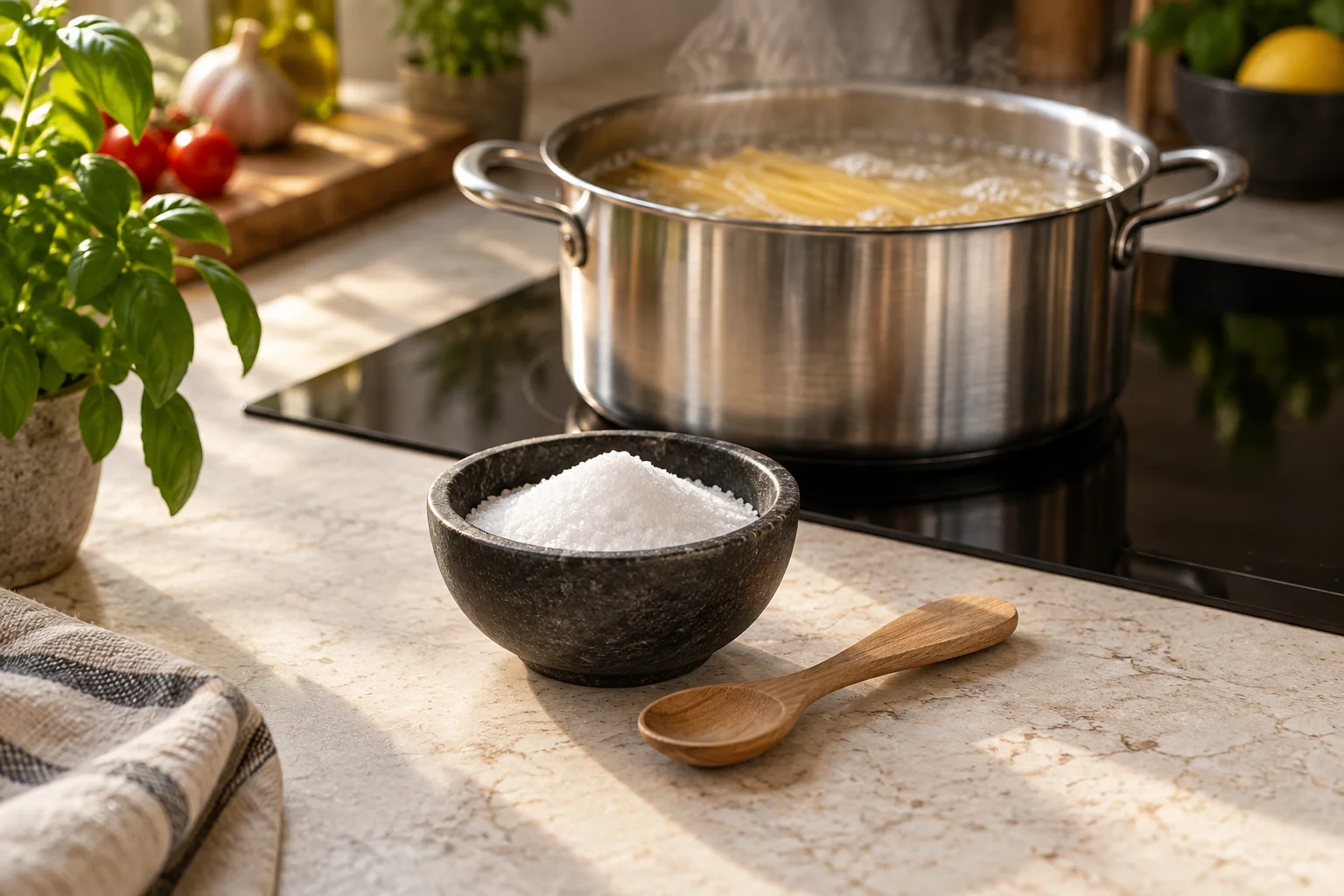 Salzschale und Löffel vor einem Topf mit kochenden Spaghetti